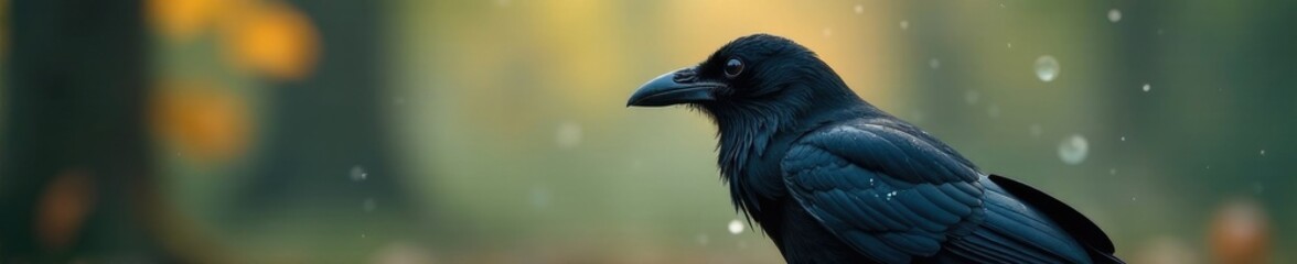 Fototapeta premium Crow's feathers glisten with dew in early morning mist, wildlife, atmospheric, feathers