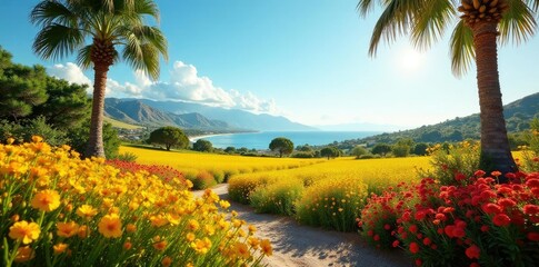 Obraz premium Vistas de arrozales en Calasparra con sol saliente y palmeras al fondo, , jard?n