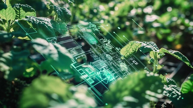 Smart agriculture technology monitoring system analyzing growing green plants in a farm using artificial intelligence