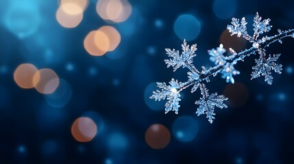 Fototapeta premium Intricate Snowflake on Branch, Blue Winter Background