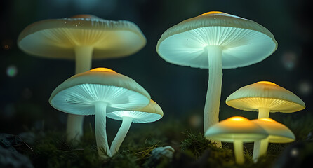 Glowing mushrooms fantasy forest background. Luminescent fungi casting a magical glow