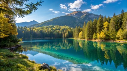 Obraz premium A serene mountain lake landscape in sunny day, a forest and a clear blue lake reflecting the vibrant colors.