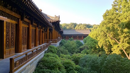 Obraz premium Serene Chinese Temple Complex Overlooking Lush Green Gardens