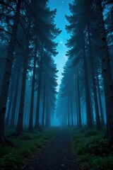 Obraz premium Dense birch and pine forest floor under starry night sky with misty atmosphere, nocturnal, pine