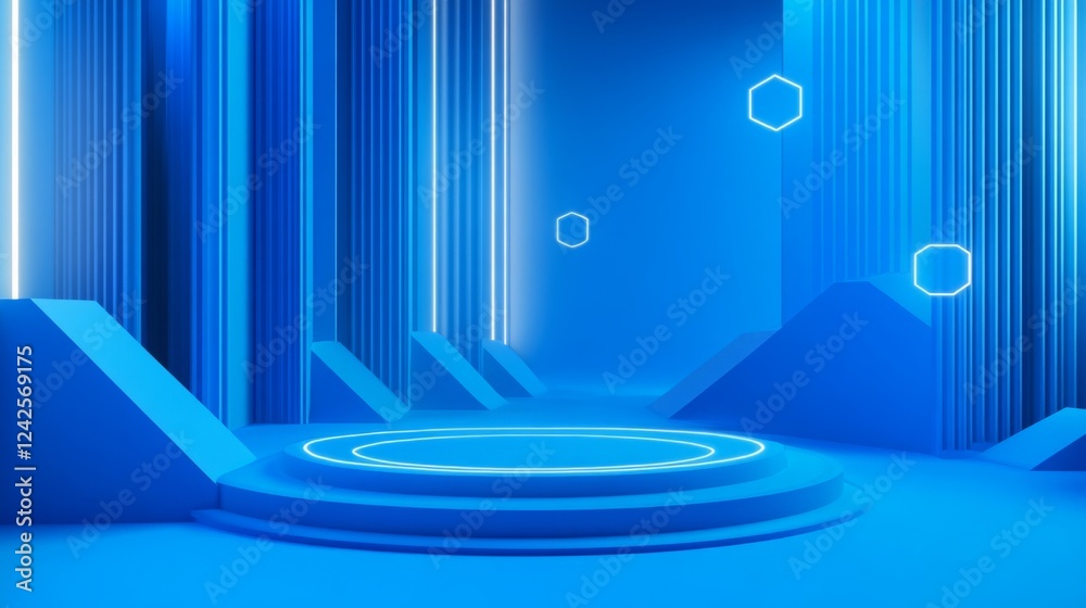 Poster a futuristic blue environment featuring glowing geometric shapes and illuminated lines, creating a v