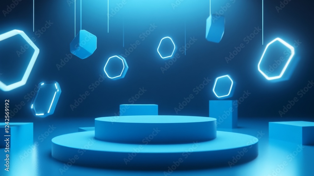 Poster a futuristic scene featuring glowing blue hexagons suspended in space against a dark backdrop, with 