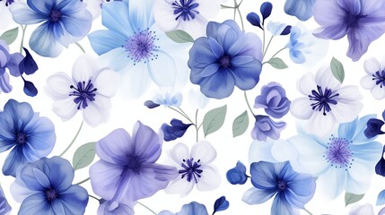 Obraz premium 3D isometric colorful seamless summer pattern featuring indigo watercolor flowers, isolated on a white background, lively and artistic design