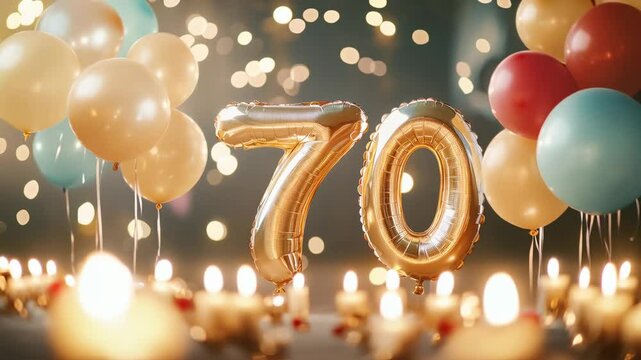 A Celebration of Life: Golden 70th Birthday Balloons Surrounded by Elegant Candles and Colorful Balloons in a Festive Atmosphere