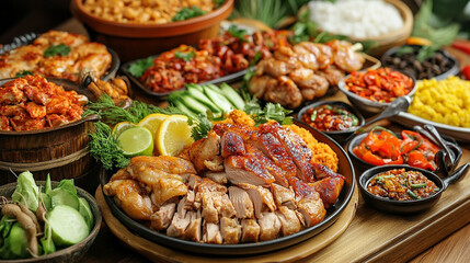 Obraz premium Chicken with ingredients, vegetables, spices and sauces for preparing food