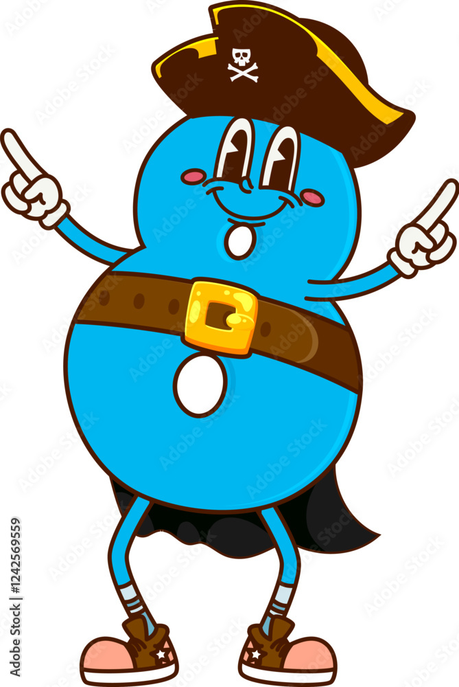 Poster cartoon groovy number 8 caribbean pirate or corsair, vector math numeral character. funny groovy mat