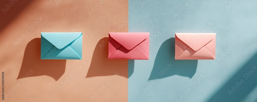 Poster three closed envelopes casting long shadows on a blue and peach background