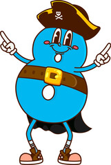 Cartoon groovy number 8 Caribbean pirate or corsair, vector math numeral character. Funny groovy math number Eight 8 in pirate captain tricorne hat with Jolly Roger crossbones and happy smile on face