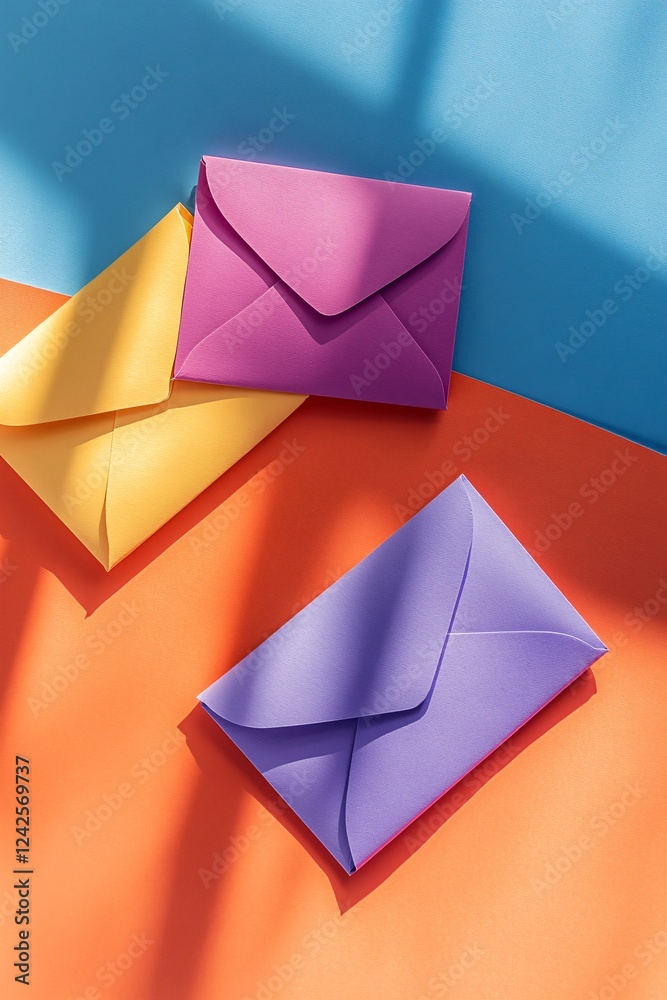 Poster Three vibrant envelopes rest on a colorful two-toned backdrop, casting shadows across the surface