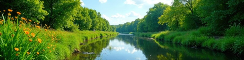 Lush vegetation and overgrown riverbanks meet the summer sky, plants, nature, foliage