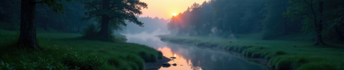 Obraz premium Misty forest at dusk with a winding creek in the foreground, greenery, twilight