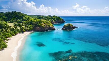 Fototapeta premium Tropical beach scene, serene turquoise waters meeting lush green shoreline, perfect for relaxation and travel inspiration.