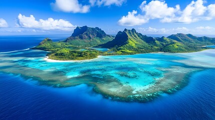 Fototapeta premium Tropical paradise with turquoise waters, lush green islands under a bright blue sky, perfect for travel and relaxation themes.