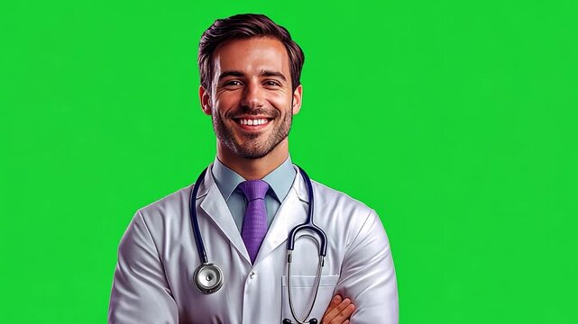 Smiling Doctor Against Green Screen: A friendly and confident male doctor with arms crossed, wearing a white coat and purple tie, smiles warmly against a vibrant green screen background.