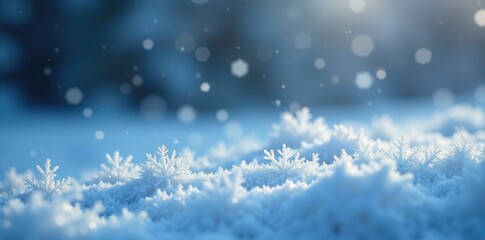 Obraz premium Snowflakes gently falling on a bed of frost and ice, wintry, snowflakes, snowfall