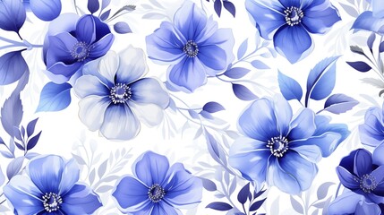 Fototapeta premium 3D isometric colorful seamless summer pattern featuring indigo watercolor flowers, isolated on a white background, lively and artistic design