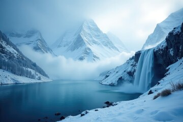 Snowy mountain peaks covered in mist and fog, with a frozen waterfall cascading down the side, snowy peaks, snowflakes, frozen lake