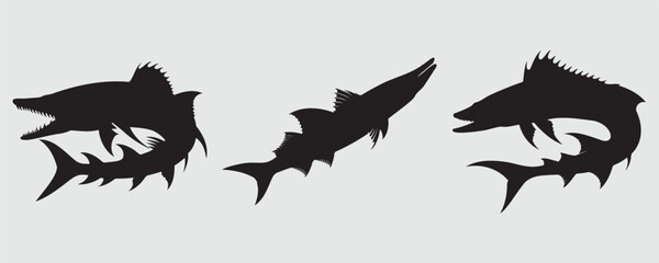 Obraz premium Set of three barracuda silhouettes with sharp fins, streamlined bodies, and jagged teeth, representing their aggressive and predatory nature in aquatic life