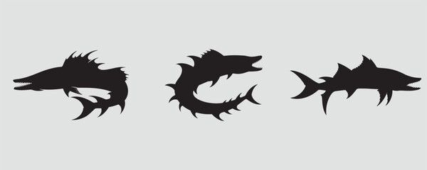 Set of three barracuda silhouettes featuring sharp fins, pointed snouts, and menacing teeth, symbolizing speed and danger in the underwater world