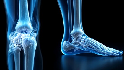Detailed 3D Medical Illustration of Human Leg Bones and Joints, Showing Knee and Ankle Anatomy with Ligaments