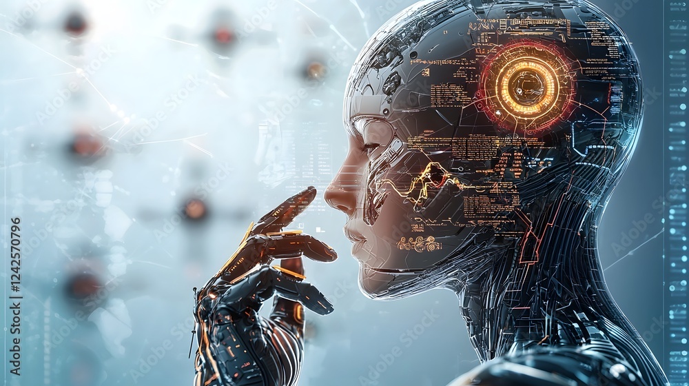 Fototapete Cyborg hacking into an advanced alien control system to disable enemy spacecraft using a futuristic digital interface with holographic visualization and data analytics