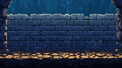 Pixel art, side view of a wall made out of stone blocks, 2D game asset, pixel style, dark blue background, Pixel Art 80s retro game style background