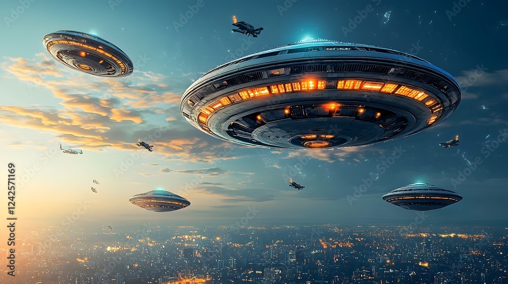 Poster dramatic and cinematic scene depicting a futuristic battle between human fighter jets and alien spac