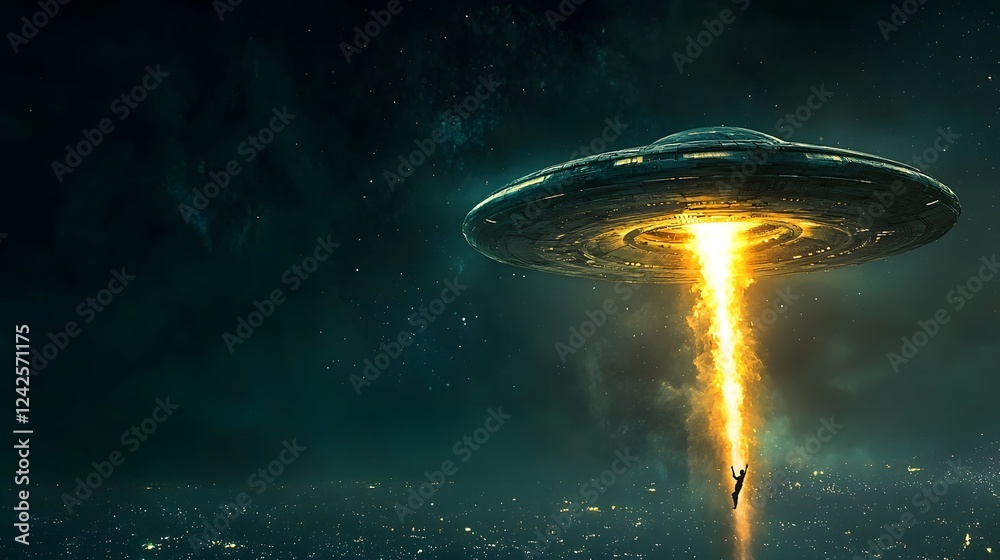 Aufkleber dramatic beam of light emanating from a hovering unidentified flying object in the night sky lifting