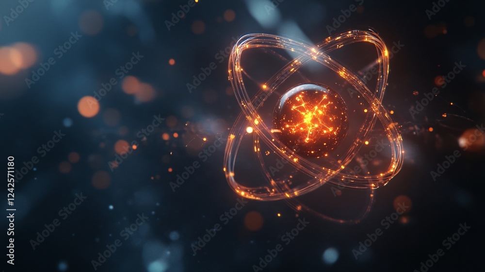 Poster Atom structure model glowing with energy on dark background
