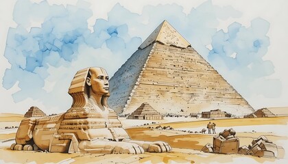 Majestic Sphinx and Great Pyramid of Giza in Egypt, ancient wonders of the world, detailed watercolor painting