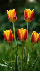Obraz premium Striking contrast of yellow and red tulips against green background, vibrant, bright, background