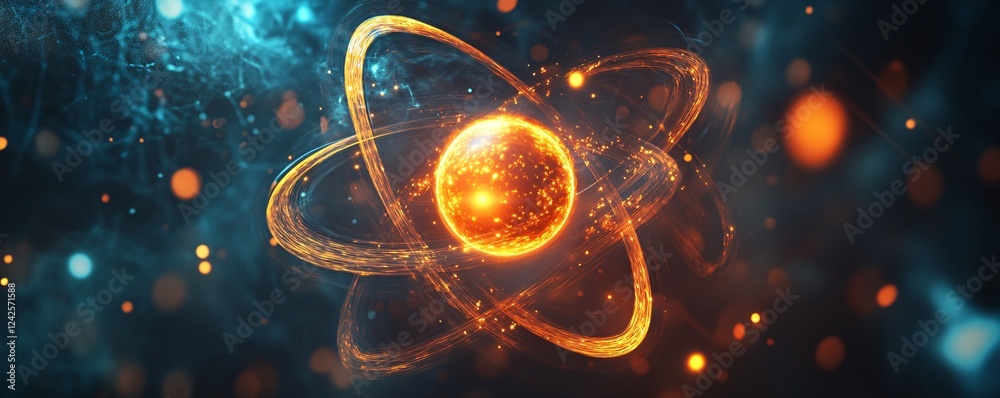 Poster Glowing particles orbiting around energy core of abstract atom on dark blue background