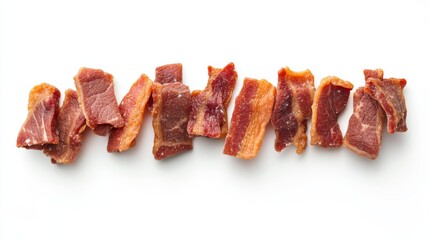 Isolated dog treat pieces in a horizontal line Mini training treat sizes ideal for dog obedience repetitive tricks and reward Beef and bacon flavor dog snack Selective focus White background