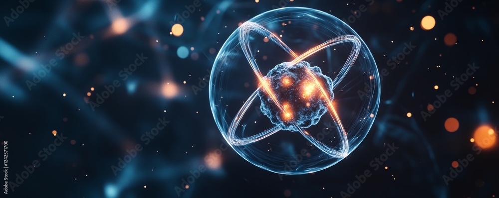 Aufkleber glowing atom particle with nucleus and orbiting electrons is showing a concept for nuclear fusion or