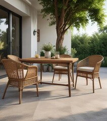 Stylish outdoor furniture set with wicker chairs and wooden table, stylish, trendy, alfresco dining, chic, luxury