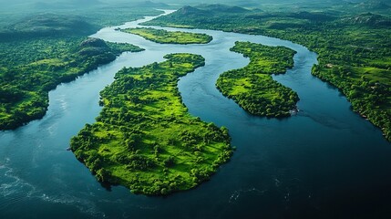Fototapeta premium Winding river through lush green islands, aerial view of a beautiful landscape