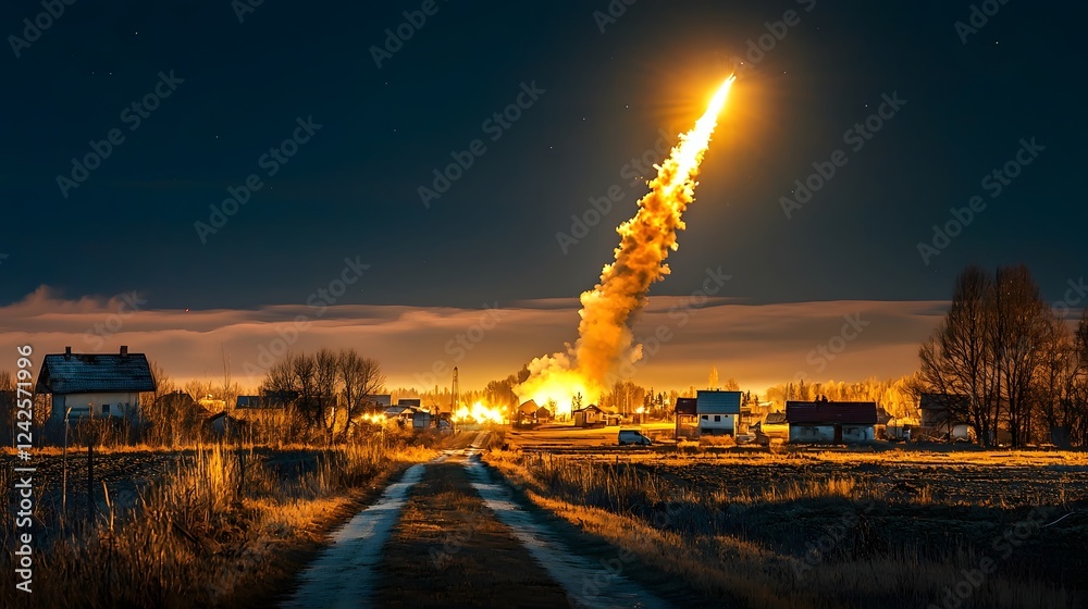 Poster Dramatic image capturing an unexpected aerial phenomenon potentially a rocket or spacecraft launch erupting with a fiery explosion against the backdrop of a raging lightning storm in a remote