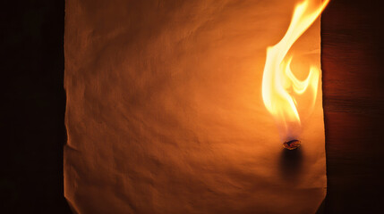 Close up of flame illuminating blank sheet of paper, creating dramatic contrast between light and shadow. flickering fire adds intense atmosphere to scene