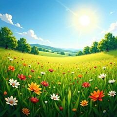 Sun-drenched meadow with tall grasses and wildflowers, flowers, countryside, landscape