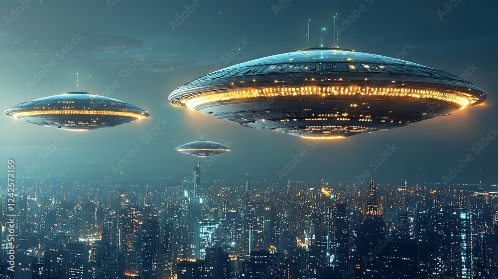 Poster Dramatic scene of giant floating monolithic structures of extraterrestrial origin hovering above the brightly lit skyline of a futuristic advanced metropolitan city at night  The surreal