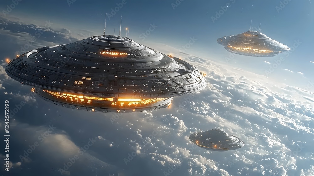Poster dramatic sci fi depicting an intense aerial battle between advanced human fighter jets and mysteriou