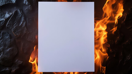close up of blank sheet of paper surrounded by flames, creating dramatic contrast. fire illuminates paper, evoking sense of intensity and urgency