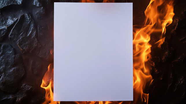 close up of blank sheet of paper surrounded by flames, creating dramatic contrast. fire illuminates paper, evoking sense of intensity and urgency