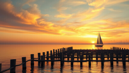 Obraz premium Sunset over lake with wooden poles and small boat, sunset, serene