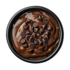 chocolate chip pudding in a dark bowl top view isolated on transparent white background, clipping path