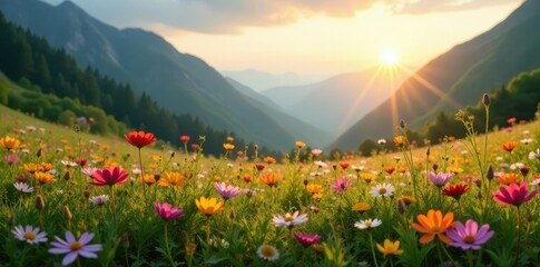 Morning sunlight illuminates mountain meadow flowers, flower field, peaceful, wildflowers